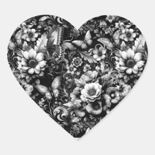 Monochrome Antique Floral with Butterflies Heart Sticker