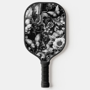 Monochrome Antique Floral with Butterflies Pickleball Paddle