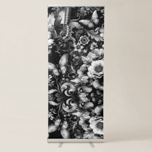 Monochrome Antique Floral with Butterflies Retractable Banner