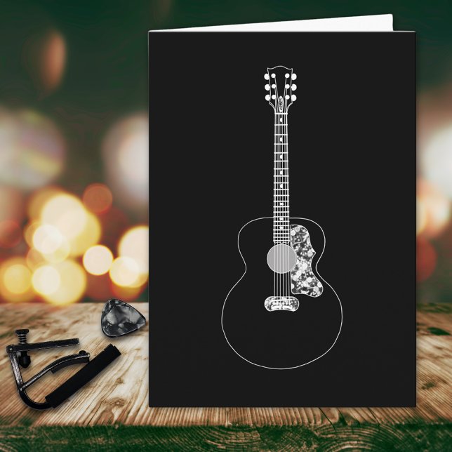 Monochrome Art Acoustic Guitar Musical Instrument Card (Simple acoustic guitar black and white line art drawing cool music themed personalized birthday card)