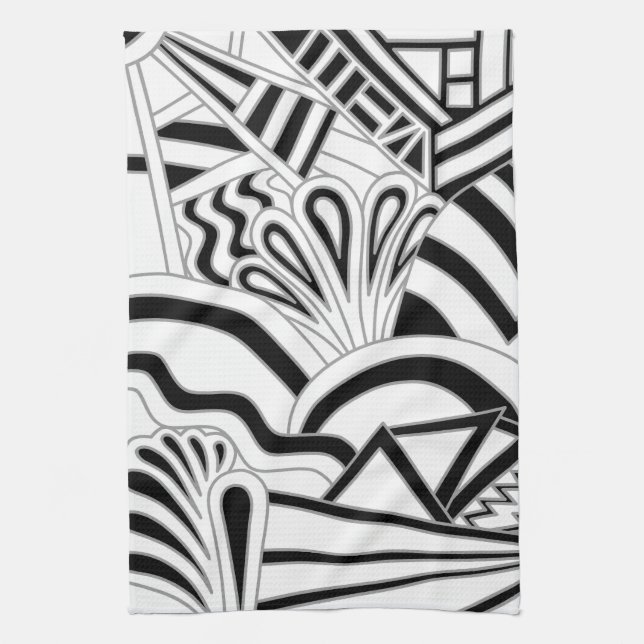 Monochrome Art Deco Design. Tea Towel (Vertical)