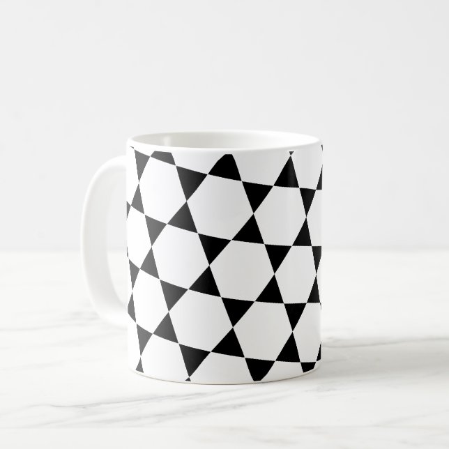 Monochrome B&W Hexagon Honeycomb Triangles Pattern Coffee Mug (Front Left)