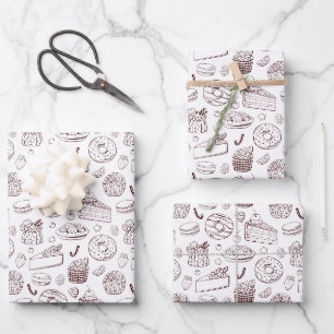Monochrome Bakery Delights Line Art Pattern Wrapping Paper Sheet