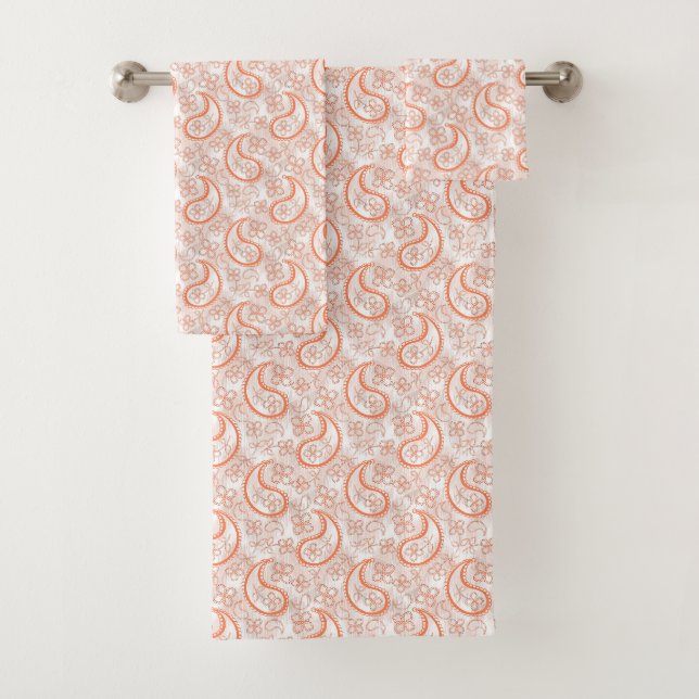 Monochrome beige white orange paisley pattern. bath towel set (Insitu)