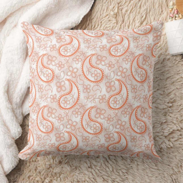Monochrome beige white orange paisley pattern. cushion (Blanket)