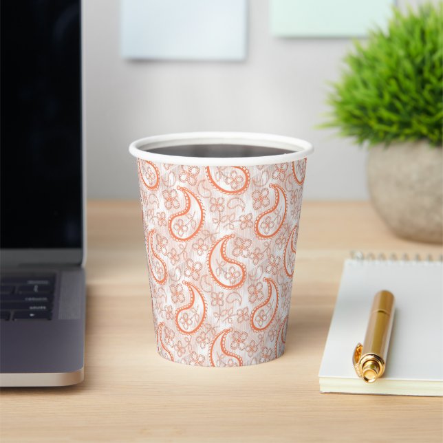Monochrome beige white orange paisley pattern. paper cups (Insitu)