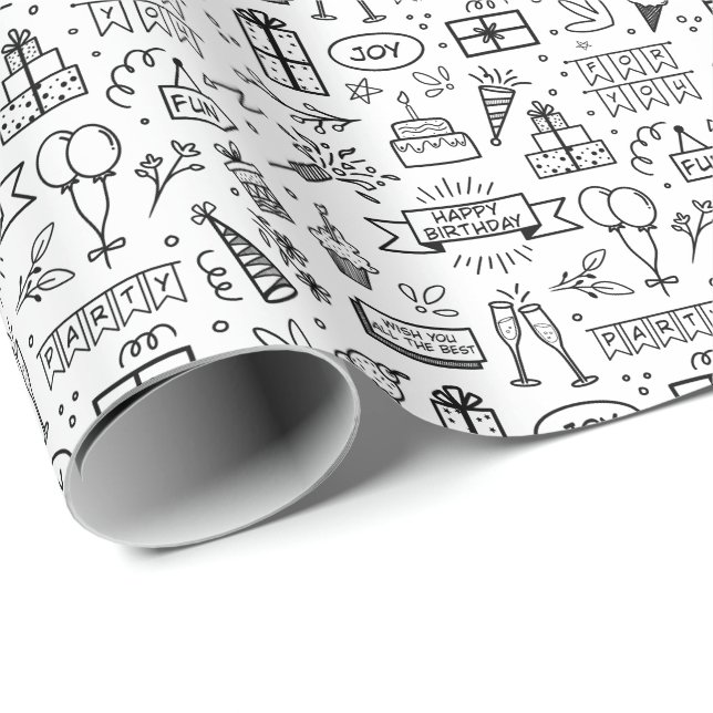 Monochrome Birthday Pattern Wrapping Paper Sheets (Roll Corner)