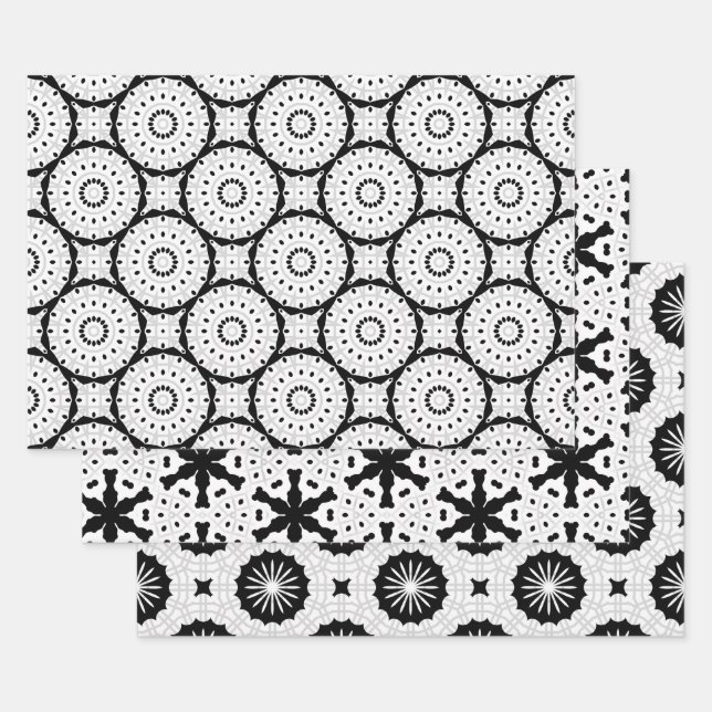 Monochrome Black and White Geometric Patterns Wrapping Paper Sheet (Set)