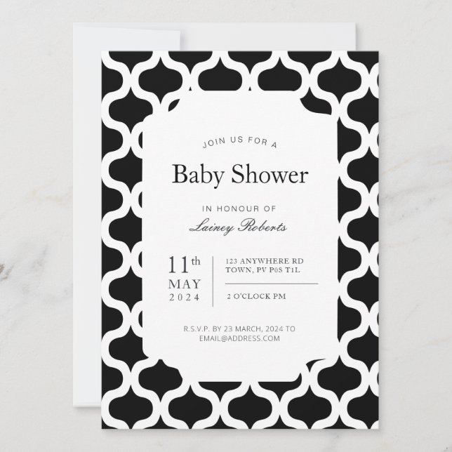 Monochrome Black and White Ogee Geometric Invitation (Front)