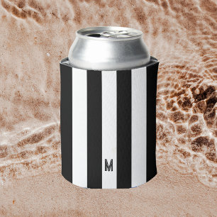 Monochrome Black & White Cabana Stripe Monogram Can Cooler