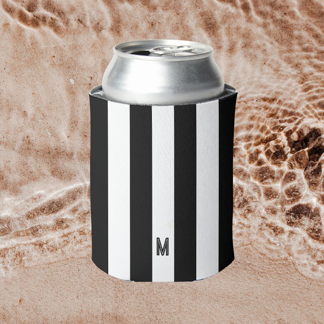 Monochrome Black & White Cabana Stripe Monogram Can Cooler (Creator Uploaded)