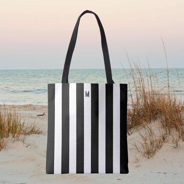Monochrome Black & White Cabana Stripe Monogram Tote Bag (Creator Uploaded)