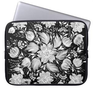 Monochrome Black & White Folk Art Laptop Sleeve