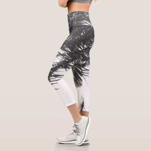 Monochrome Black White Palm Tree Leaves Capri Leggings
