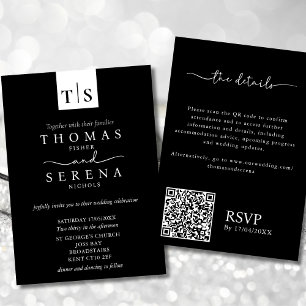 Monochrome Black White QR Code Budget Wedding Invitation