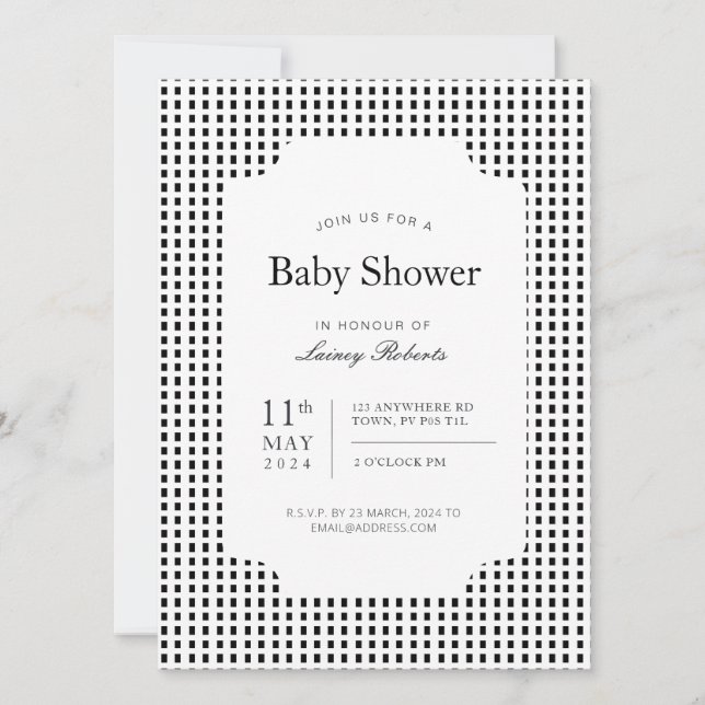 Monochrome Black White Rectangle Plaid Geometric Invitation (Front)