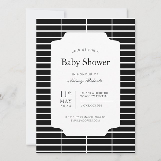 Monochrome Black White Rectangle Plaid Geometric Invitation (Front)