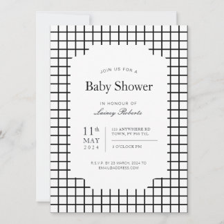Monochrome Black White Square Geometric Plaid Invitation