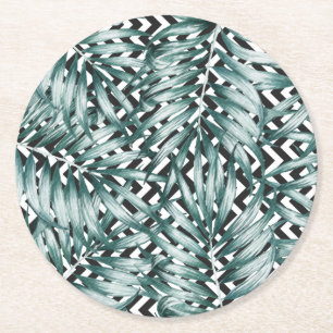 Monochrome black & white zig zag green leaf design round paper coaster