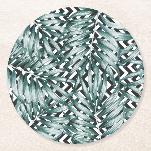 Monochrome black & white zig zag green leaf design round paper coaster (Front)