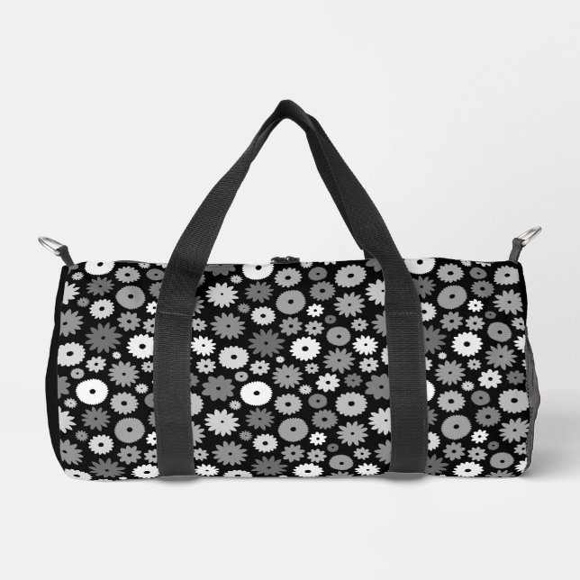 Monochrome Blooms Pattern Duffle Bag (Front)