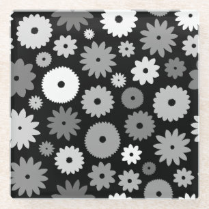 Monochrome Blooms Pattern Glass Coaster