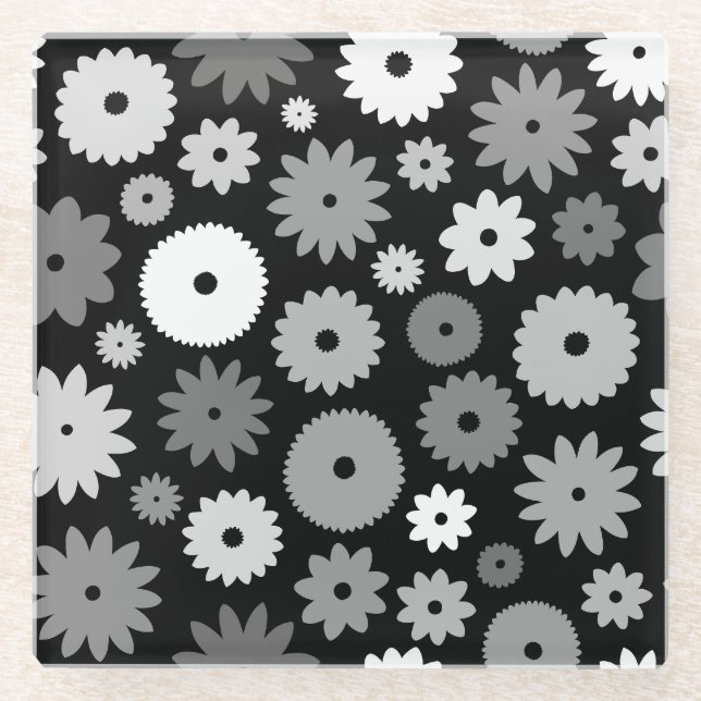 Monochrome Blooms Pattern Glass Coaster (Front)