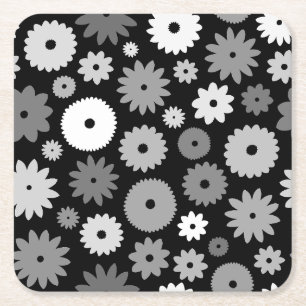 Monochrome Blooms Pattern Square Paper Coaster