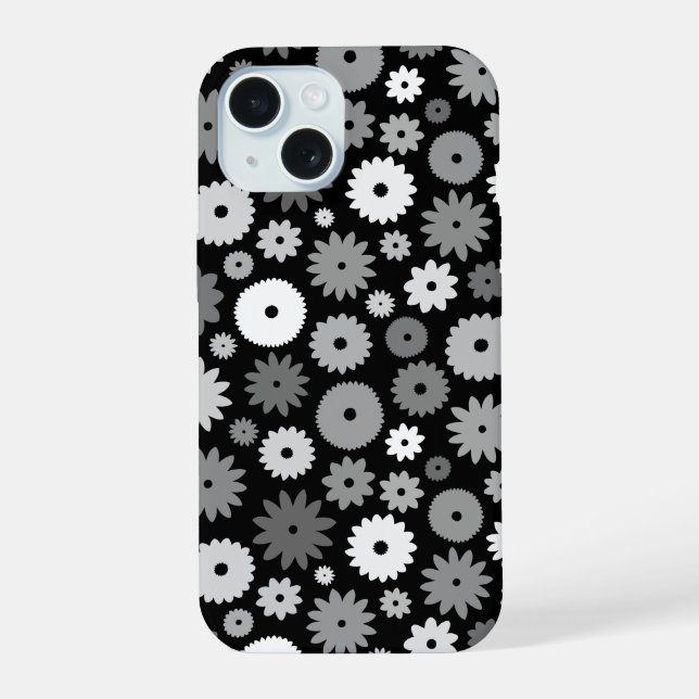 Monochrome Blooms Repeat Pattern iPhone 15 Case (Back)