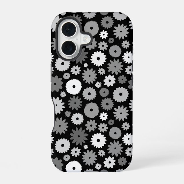 Monochrome Blooms Repeat Pattern iPhone 16 Case (Back)