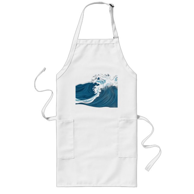 Monochrome Blue Ocean Waves Long Apron (Front)