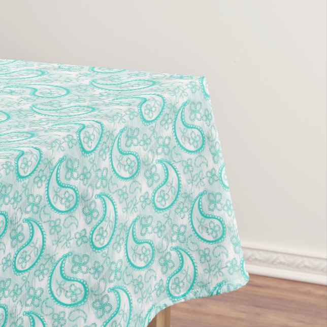 Monochrome blue turquoise paisley pattern tablecloth (In Situ)