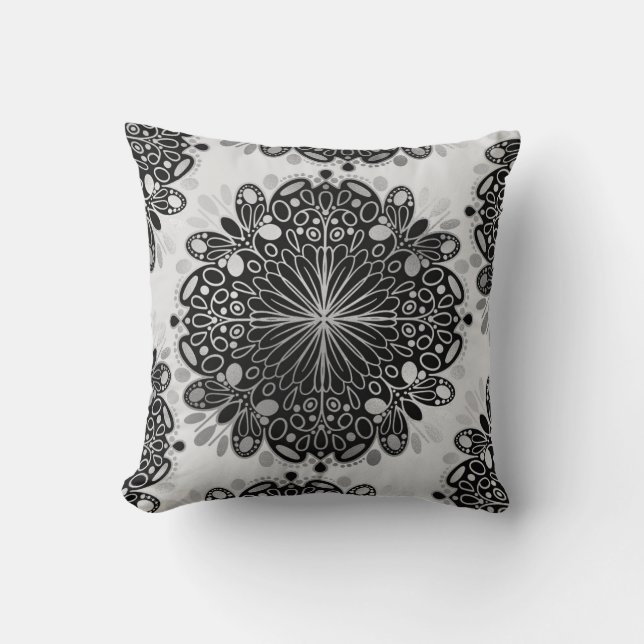 Monochrome Boho Silver Black Grey Mandalas Cushion (Front)