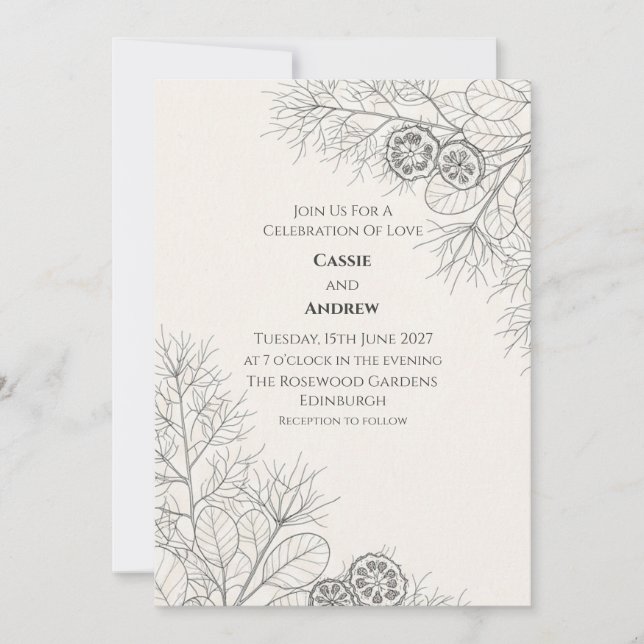 Monochrome Botanical Foliage Wedding Invitation (Front)