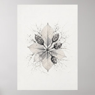 Monochrome Botanical Leaves and Seed Pods Poster