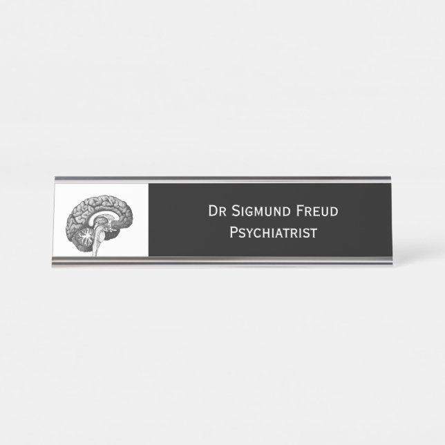 Monochrome brain medical anatomy healthcare clinic desk name plate (Front)