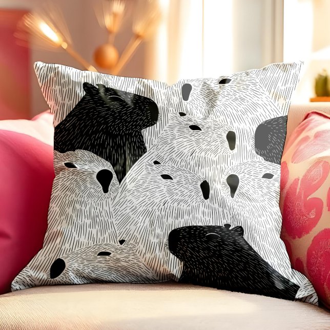 Monochrome Capybara Crowd – Minimalist Animal Line Cushion (This captivating capybara pattern brings modern charm with a dash of quirky personality. )
