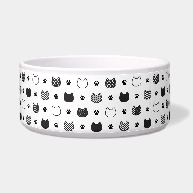 Monochrome Cat Faces Ceramic Pet Bowl (Left)