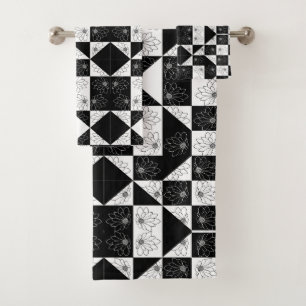 Monochrome Chequerboard and floral Glamour Pattern Bath Towel Set