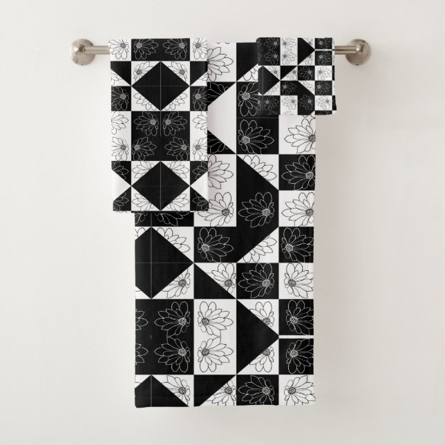 Monochrome Chequerboard and floral Glamour Pattern Bath Towel Set (Insitu)