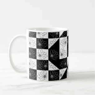 Monochrome Chequerboard and floral Glamour Pattern Coffee Mug