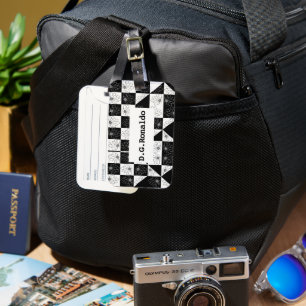 Monochrome Chequerboard and floral Glamour Pattern Luggage Tag