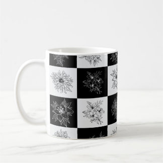 Monochrome Chequerboard FLowers Elegant pattern Coffee Mug
