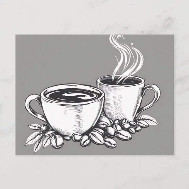 Monochrome Coffee Cups and Beans Postcard (Front)