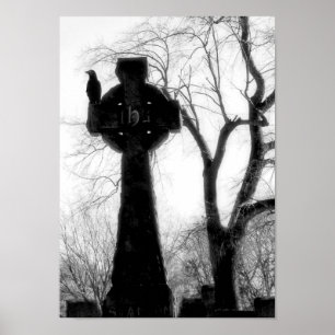 Monochrome Crow on Celtic Cross Poster