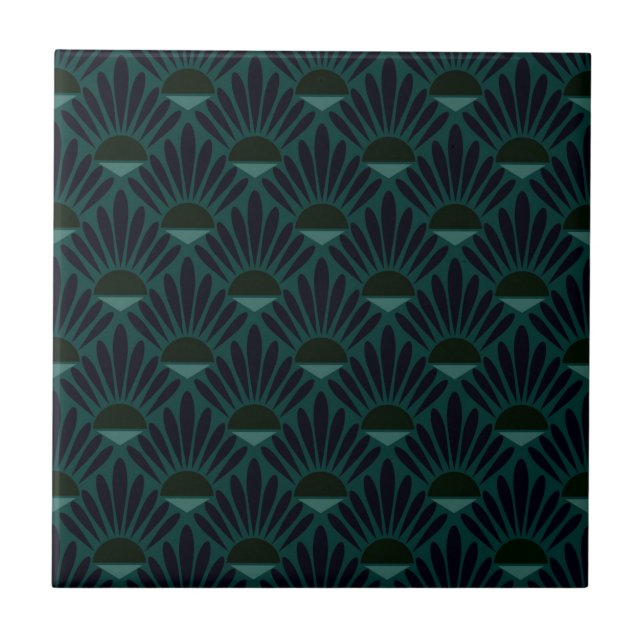Monochrome dark blue green art deco. tile (Front)