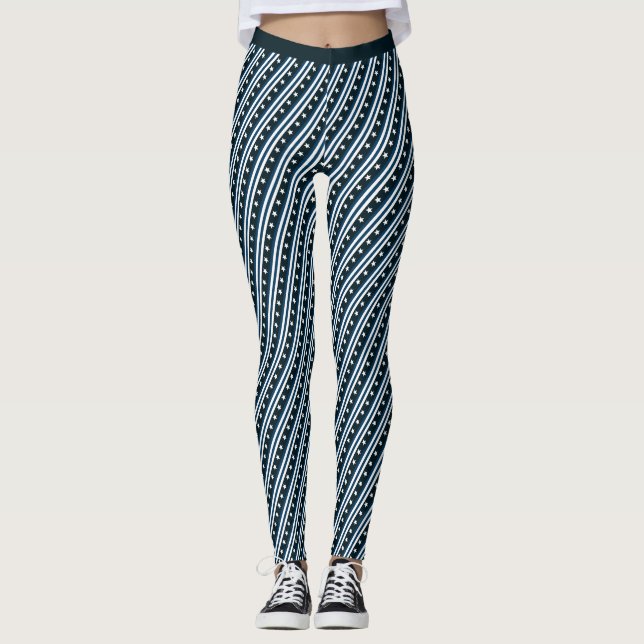 Monochrome Dark Blue Star Stripe Pattern Fitness Leggings (Front)