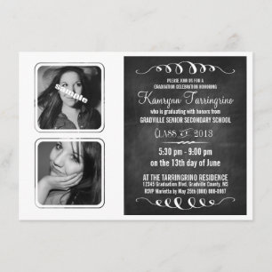 Monochrome Deluxe Double Photo Chalkboard Grad Invitation