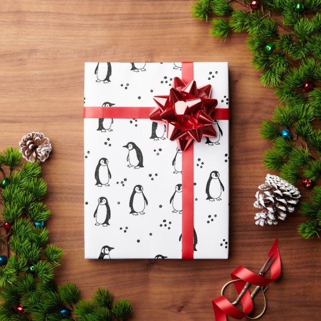 Monochrome Doodle Penguin & Snowflake Winter Wrapping Paper (Holiday Gift)