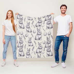 Monochrome Easter Bunny Charcoal Sketch Stripe Fleece Blanket